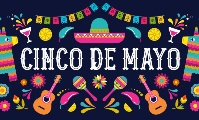Синко де Майо - 5 май, Федерален празник в Мексико. Шаблон за банер на Fiesta и дизайн на плакати със знамена, цветя, декорации